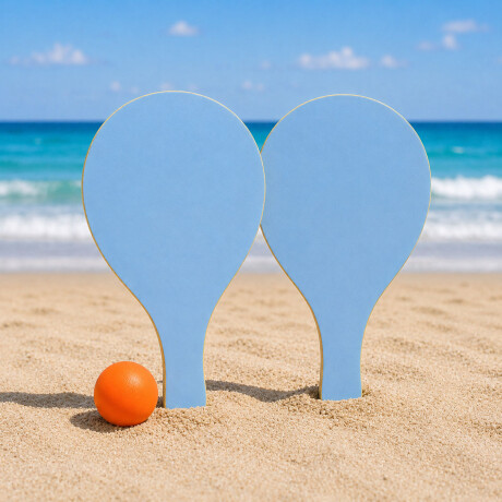 Set De 2 Paletas De Madera Para Playa + Pelota Celeste