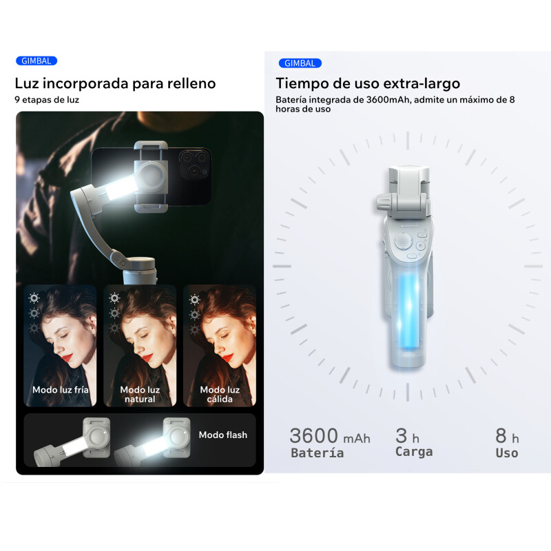 Estabilizador Gimbal 360 IA seguimiento facial automático 3 ejes Sin Color