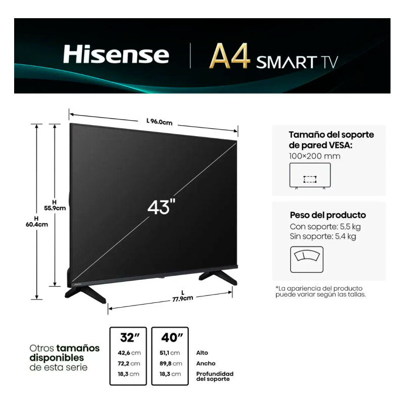 TV HISENSE 43” LED 43A4Q FHD Smart -VIDAA N/A