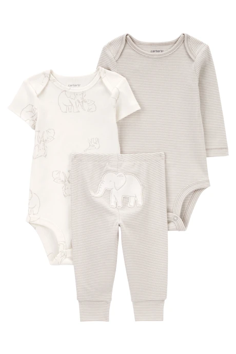 Set tres piezas de algodón, pantalón y dos bodies, diseño elefantes Set tres piezas de algodón, pantalón y dos bodies, diseño elefantes