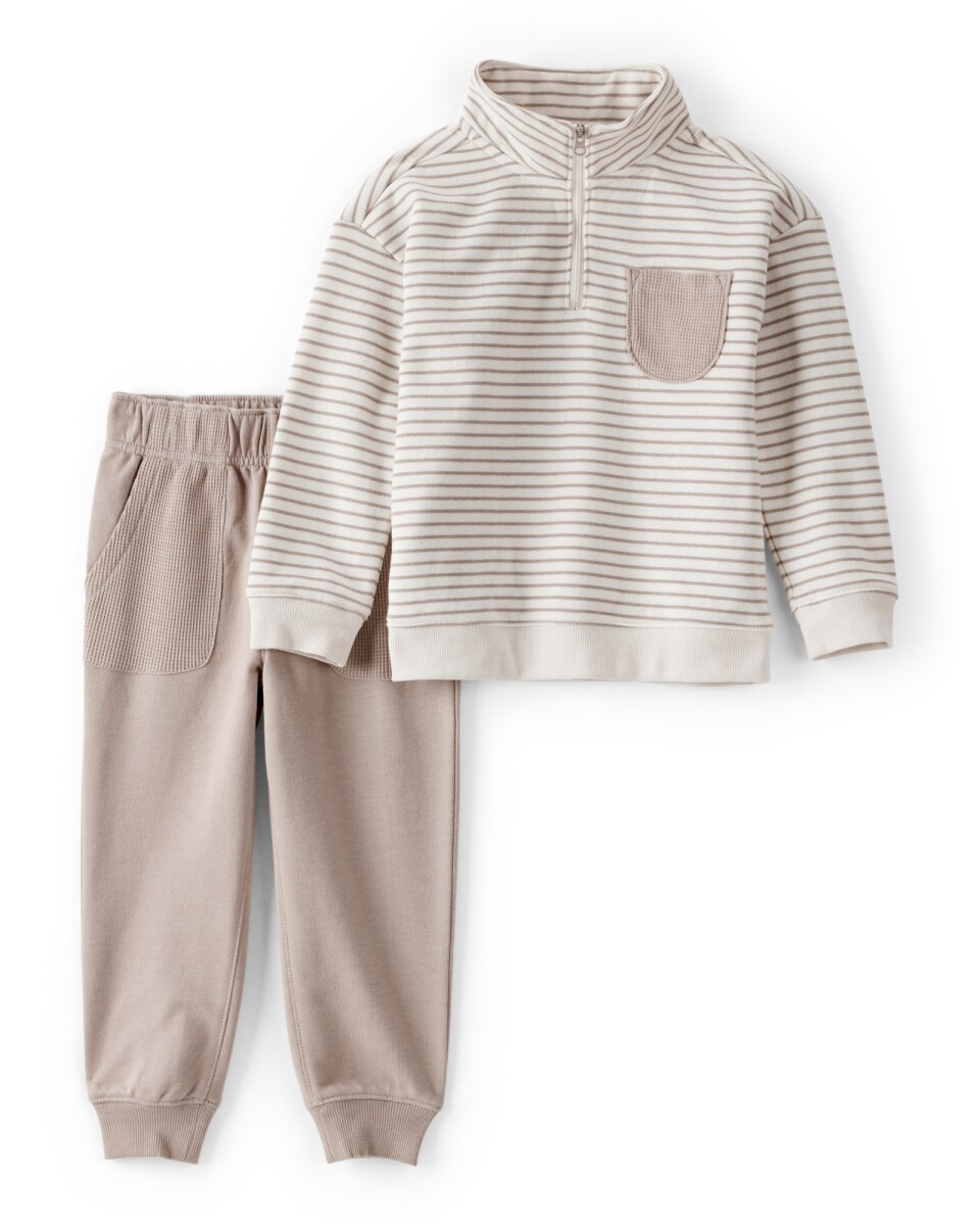 Set dos piezas de algodón, pantalón y buzo cierre un cuarto, beige 