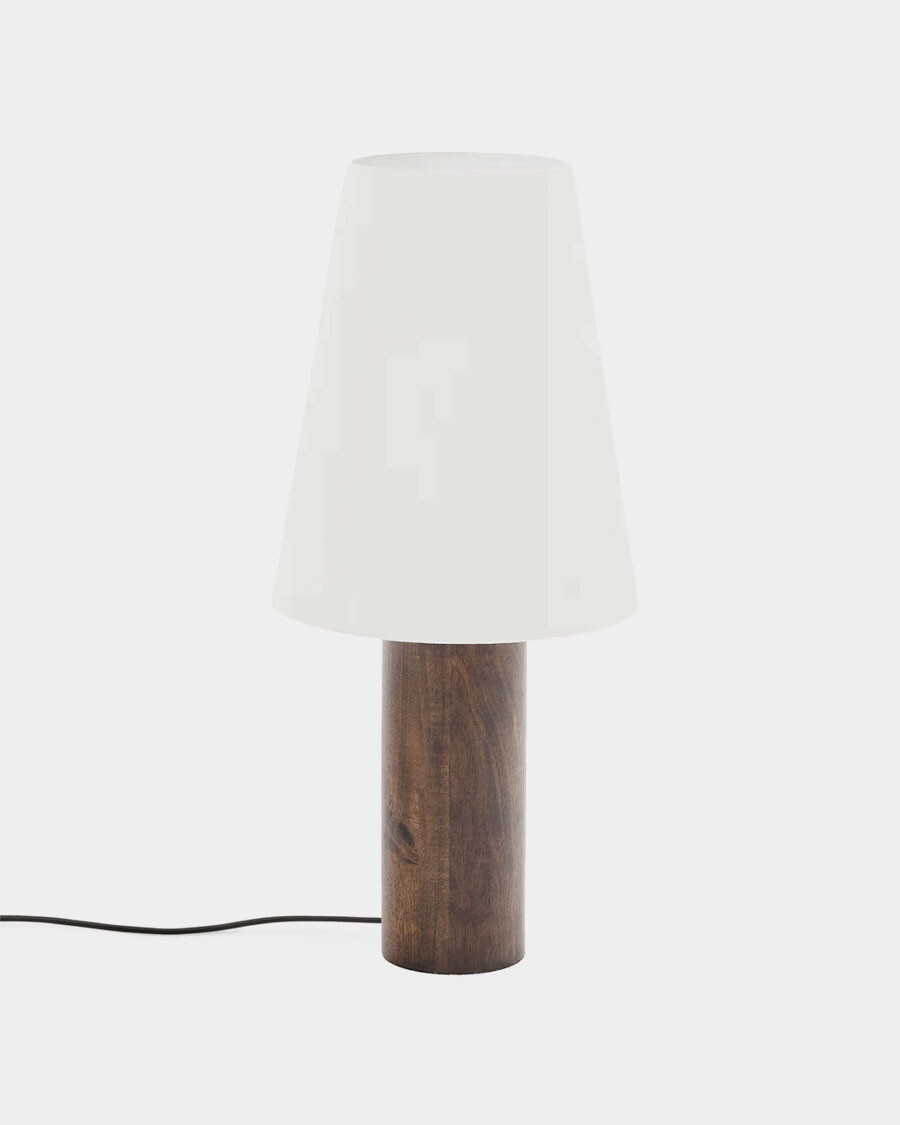 Lámpara de pie Marga de madera maciza con acabado natural con acabado oscuro