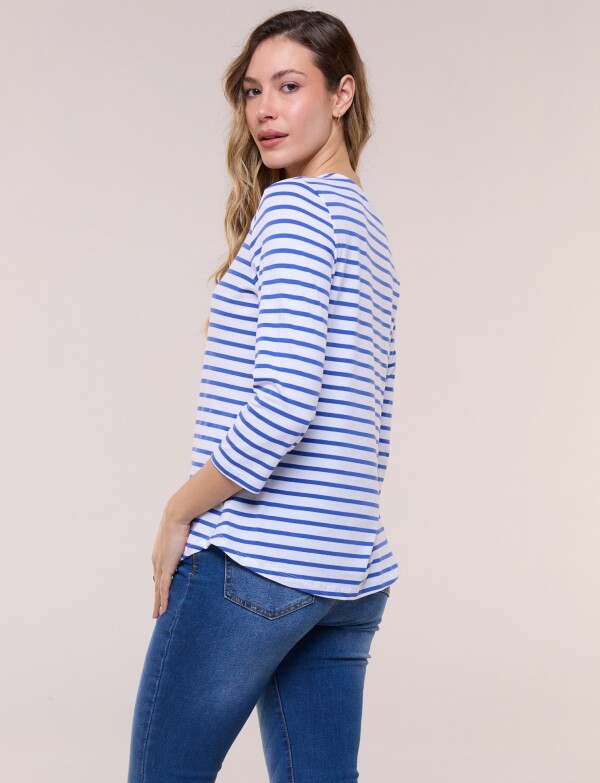 Remera Escote Bote Con Manga 3/4 Raglán BLANCO/AZUL