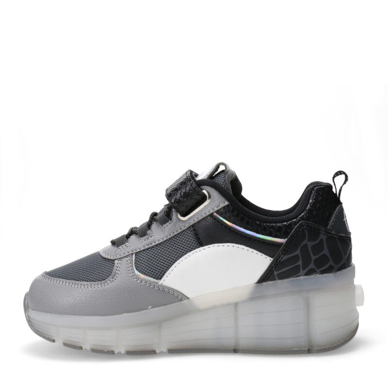 Championes Infantiles Footy Roller con Luz Led y Velcro Gris - Negro - Blanco