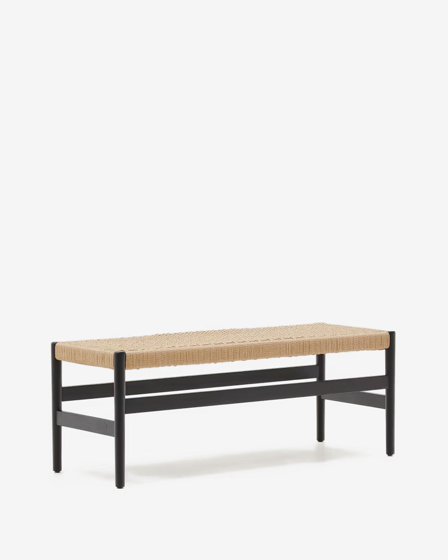 Banco Zaide de madera maciza de roble con acabado negro y asiento de cuerda 120cm