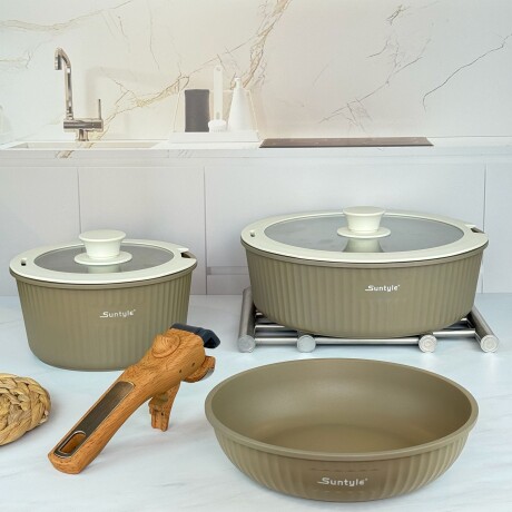 Juego De Ollas + Sarten Antiadherente 6 Piezas Con Mango Desmontable Juego De Ollas + Sarten Antiadherente 6 Piezas Con Mango Desmontable