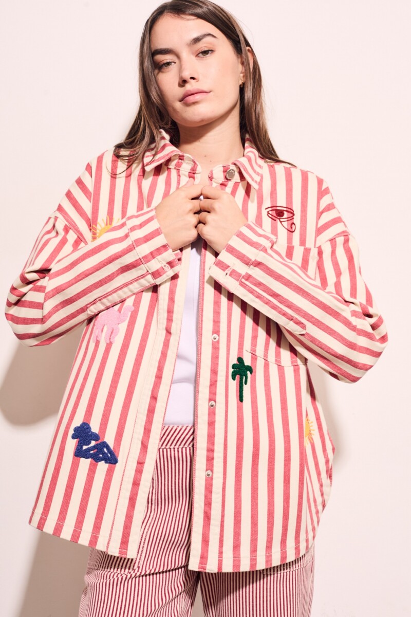 Sobrecamisa Rayas Y Bordado Rojo