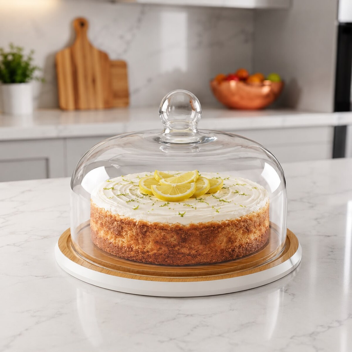 Plato Torta Bambú C/Tapa De Vidrio Alto 20cm x Ø 30cm - Blanco 