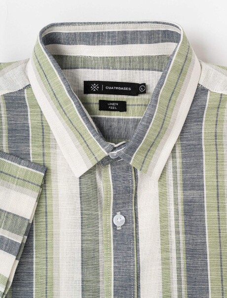 Camisa m/c efecto lino rayada azul/verde