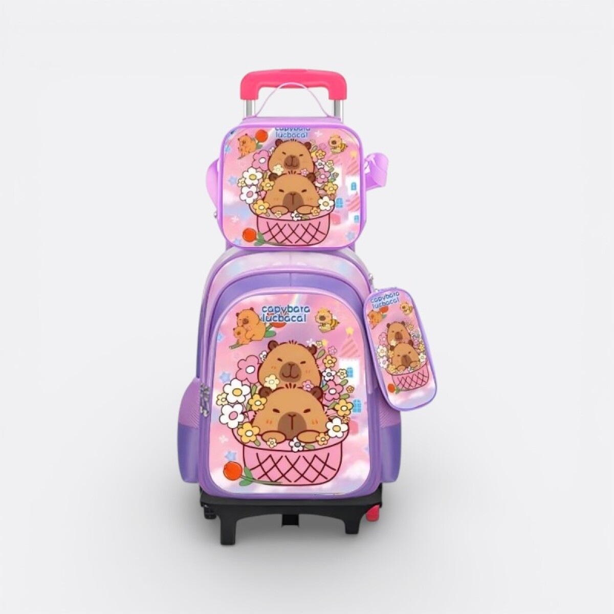 Mochila Escolar Con Carrito + Lonchera + Cartuchera - Capibara Lila 