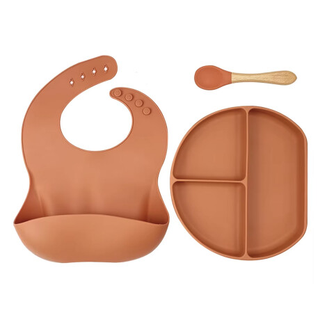 Set de Comida para Bebé con Babero Plato Cuchara en Silicona Salmón