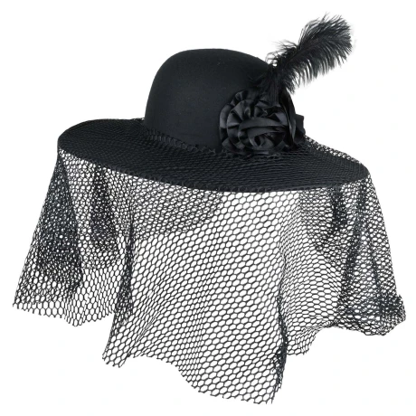 SOMBRERO VIUDA NEGRO C/TUL FLORES Y PLUMA 39CM DIAM 23778 SOMBRERO VIUDA NEGRO C/TUL FLORES Y PLUMA 39CM DIAM 23778