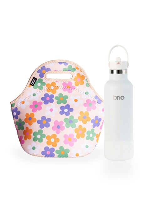 Set de lunchera de neopreno y botella de acero inoxidable 750ml brio set florcitas colores/blanco