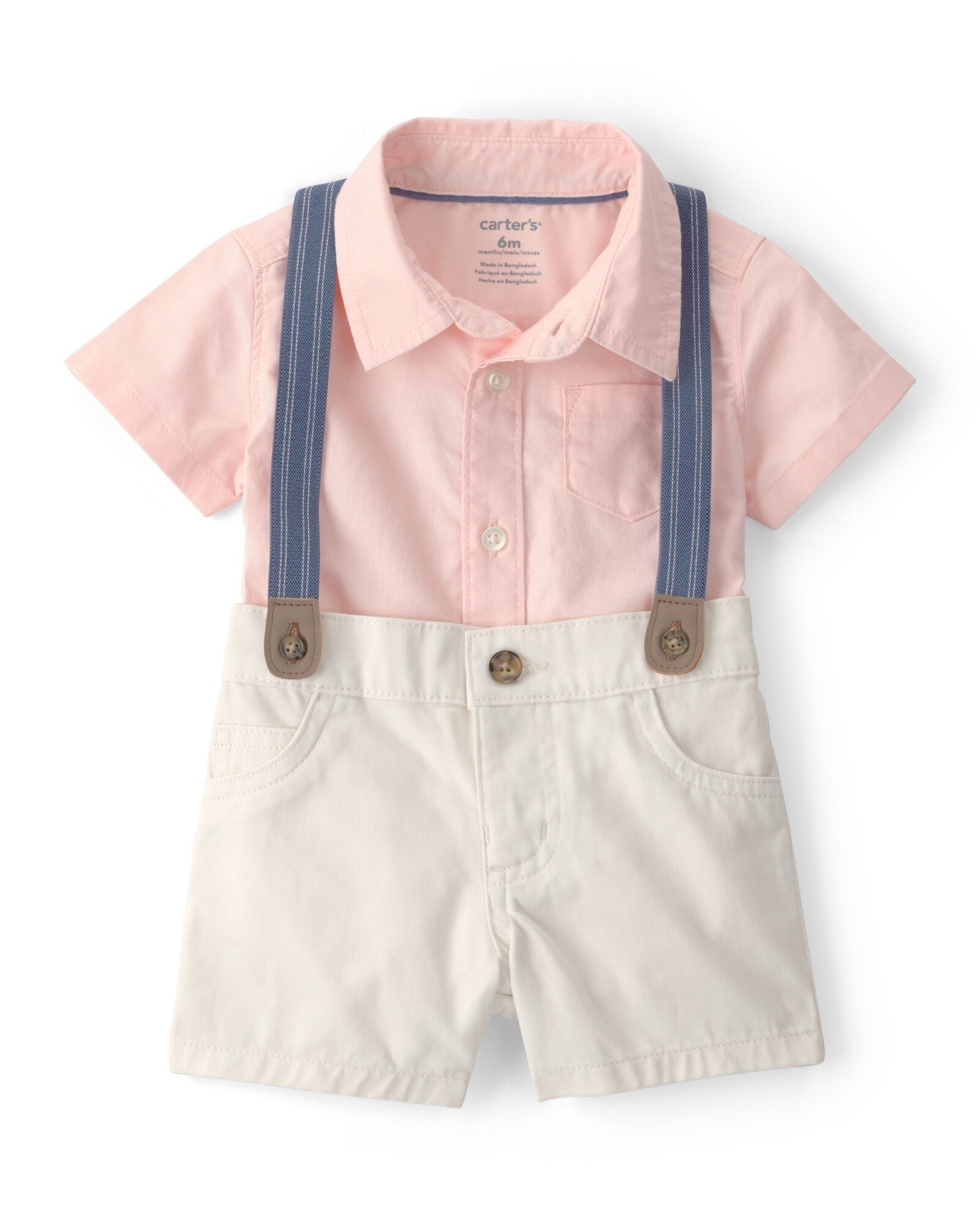 Set dos piezas de algodón, short con tiradores y body camisa rosado Sin color