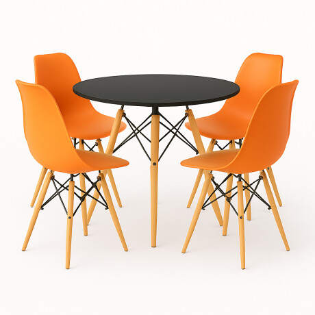 Juego de comedor Con Mesa Circular de 80cm + 4 Sillas Eames Naranja/Negro