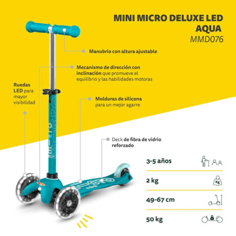 Monopatín Micro Mini Deluxe LED Ajustable con 3 Ruedas Verde Agua