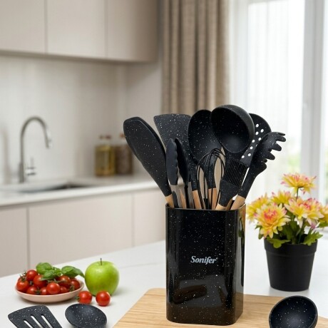 Set Utensilios Cocina Sonifer Silicona Mango Madera 9 Piezas Negro