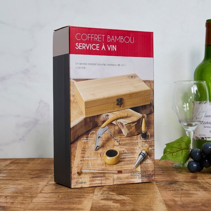 kit de vino de 5 piezas en caja de Bambu kit de vino de 5 piezas en caja de Bambu