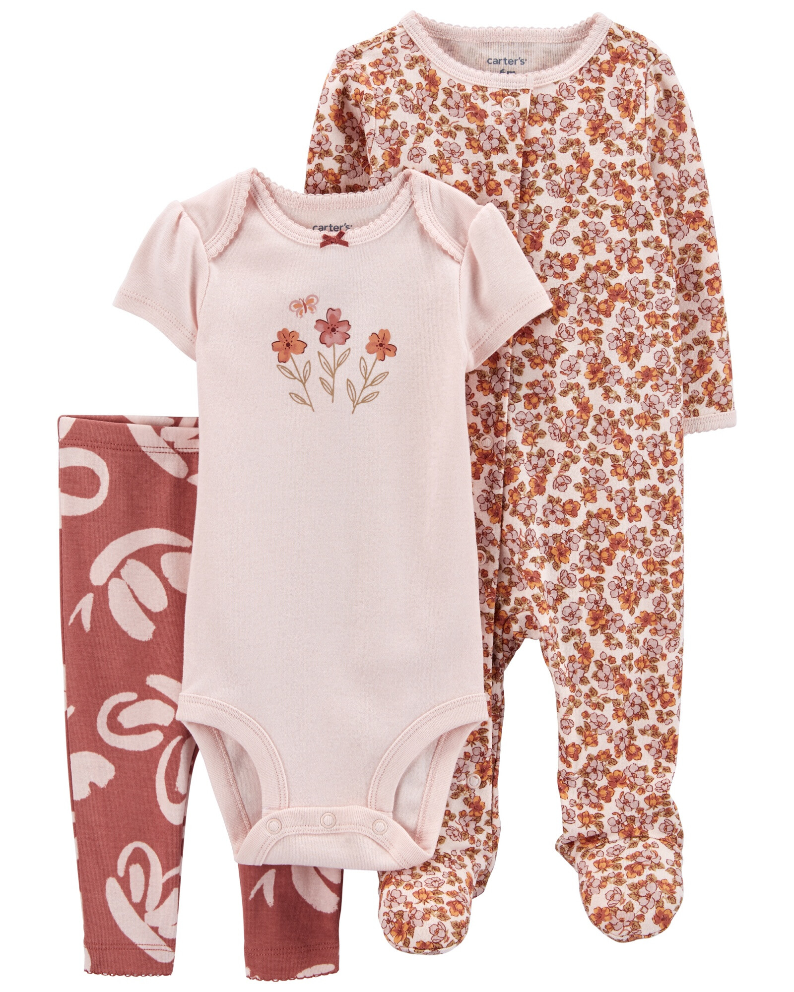 Set tres piezas pijama, pantalón y body de algodón diseño floral Sin color