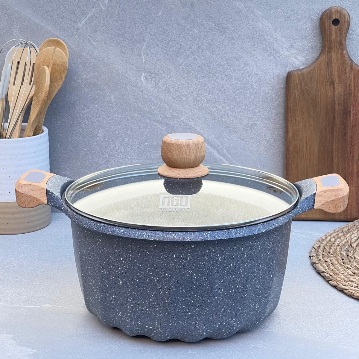 Olla Aluminio Fundido Presión Revestimiento Granito Tapa Vidrio 20cm 