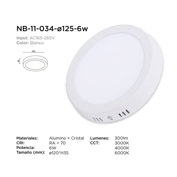 Plafon 6W Luminaria Techo Led Redondo Panel Luz Cálida Foco Variante Color Blanco