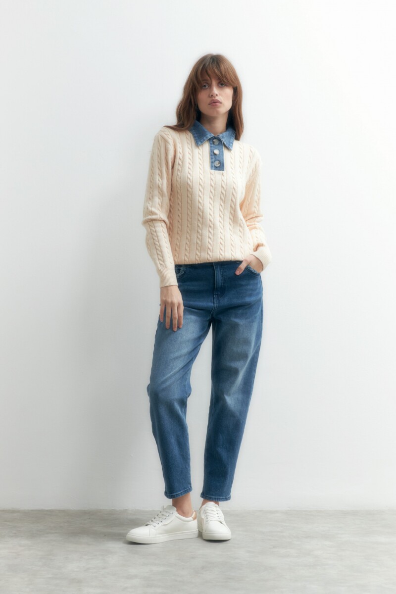 Sweater cuello polo en jean - beige 