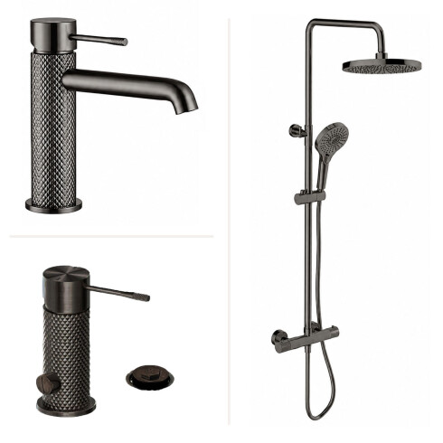 JUEGO DE GRIFERIA SIGNATURE GUNMETAL CON LAVATORIO BAJO GRAFITO-GUNMETAL