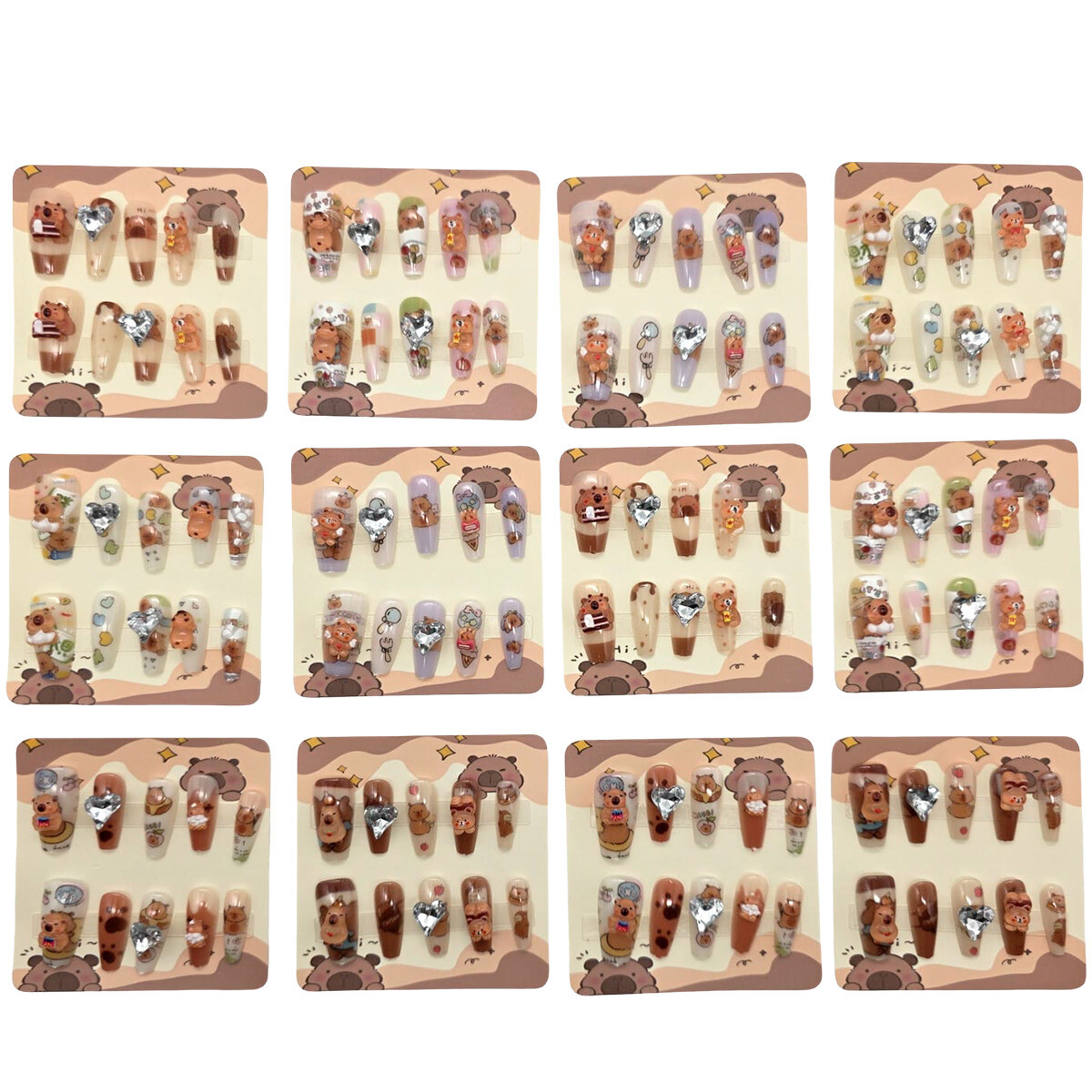 Uñas Adhesivas Decoradas Capibara Para Niñas Set X12 