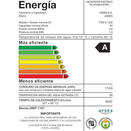 Termotanque JAMES 60Lts Horizontal Acero
