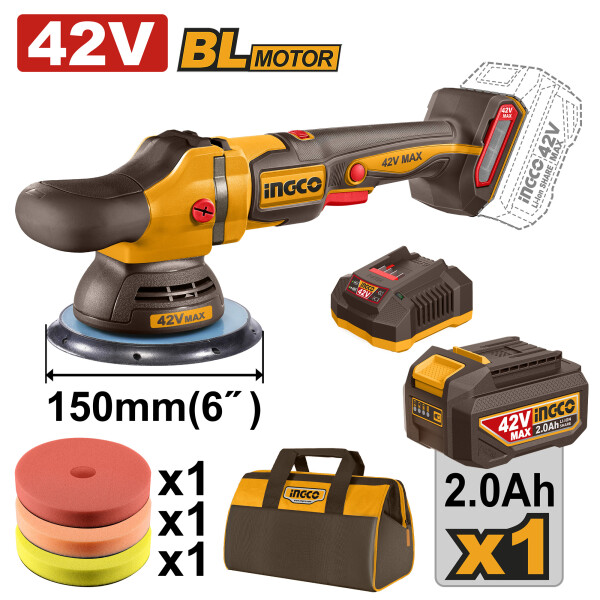 LUSTRA PULIDORA A BATERIA 42V BRUSHLESS 150MM C/ACCESORIOS + BATERIA 2.0AH + CAR LUSTRA PULIDORA A BATERIA 42V BRUSHLESS 150MM C/ACCESORIOS + BATERIA 2.0AH + CAR