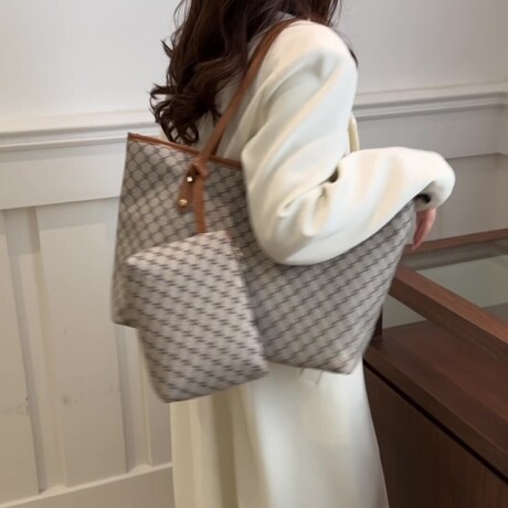 Cartera Tote Con Diseño Trama Imperial Incluye Neceser Gris