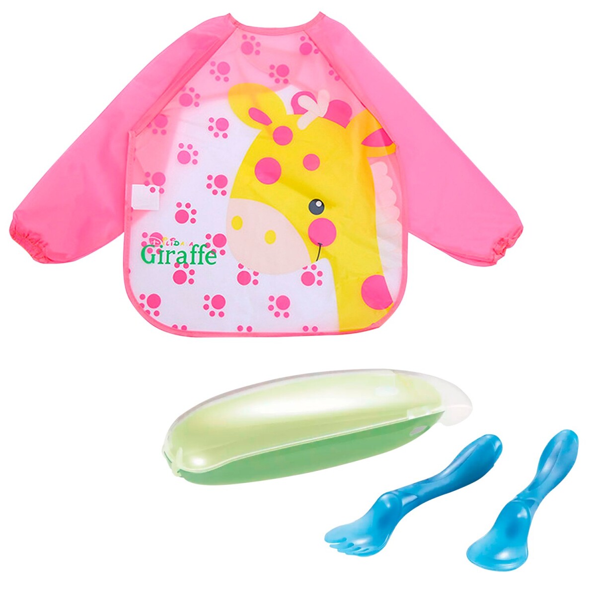 Kit Babero Delantal Bebé Mangas Cubiertos Estuche Infantil - Color Variante Jirafa Dos 