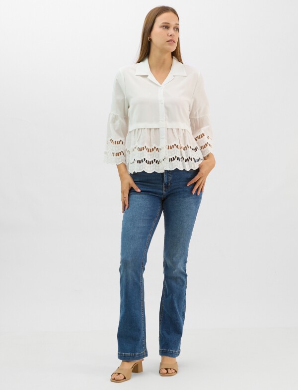 Camisa Con Mangas De Bordado Suizo BLANCO