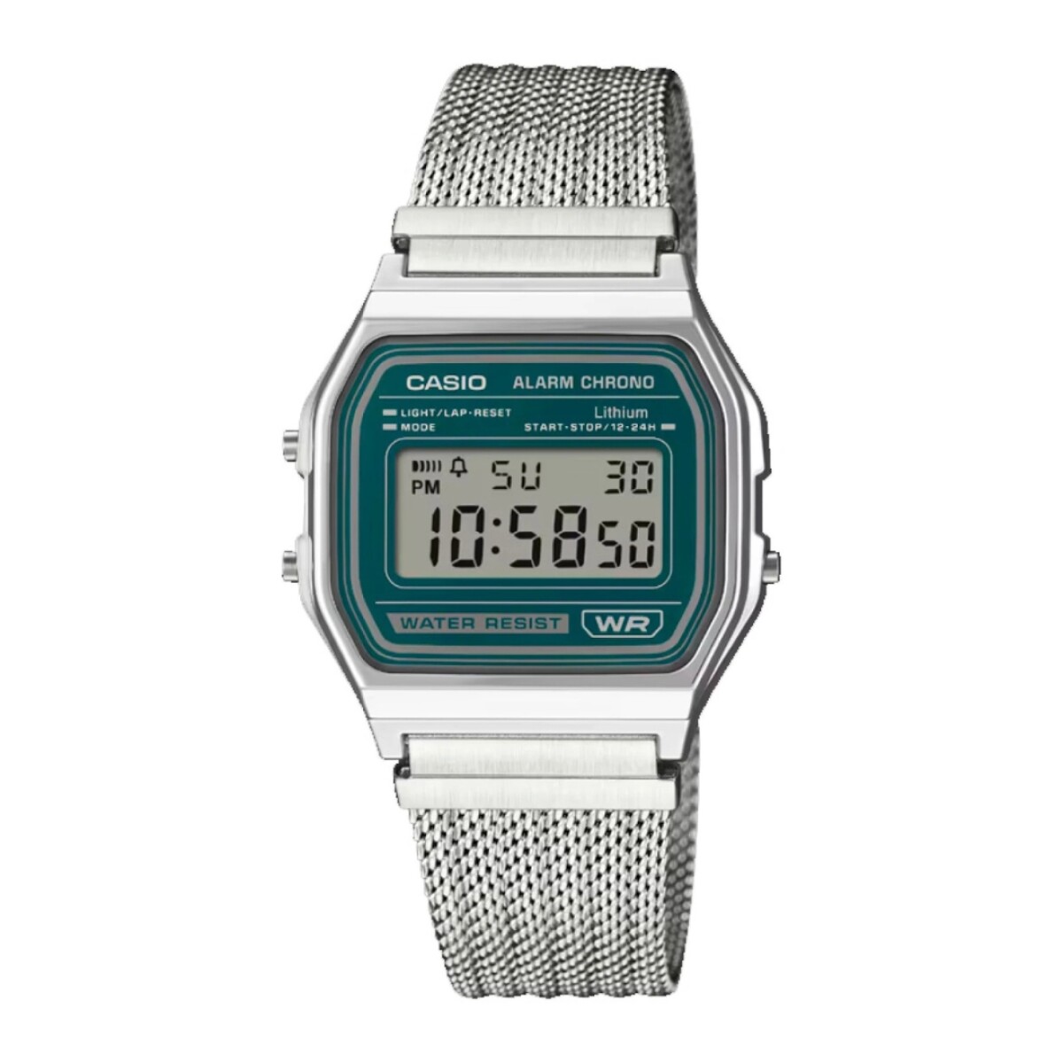 Reloj Casio Retro A158WEM 3DF Unisex con correa de acero milanesa - Plateado 