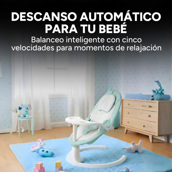 Silla Mecedora Bebé 5 Niveles Control Bluetooth Tul Mesita Color Verde