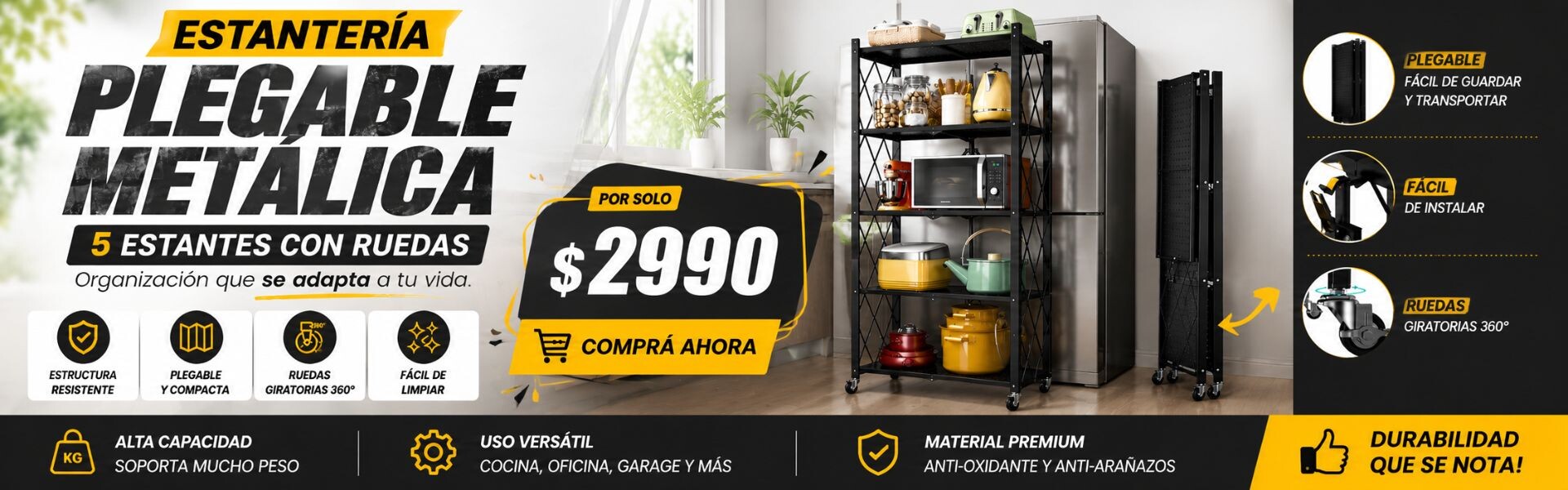 Estantería Plegable Metálica 5 Niveles con Ruedas