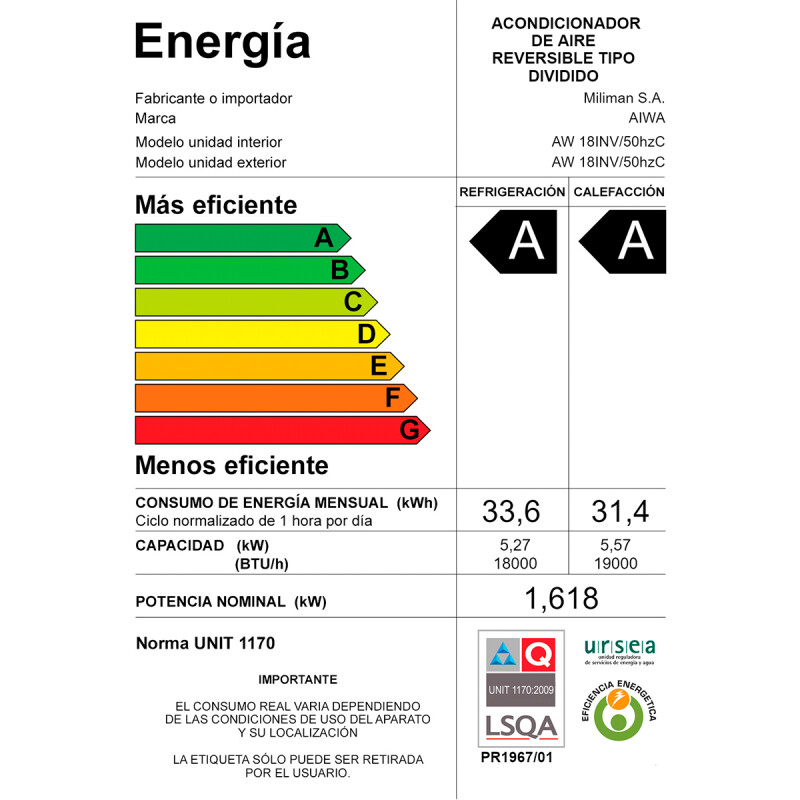 Aire Acondicionado AIWA 18000 BTU Split Inverter Frío/Calor Blanco Aire Acondicionado AIWA 18000 BTU Split Inverter Frío/Calor Blanco