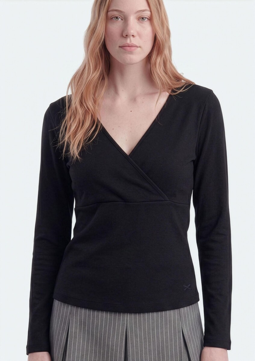 BLUSA CRUZADA DE MANGA LARGA CON CUELLO EN V - NEGRO 