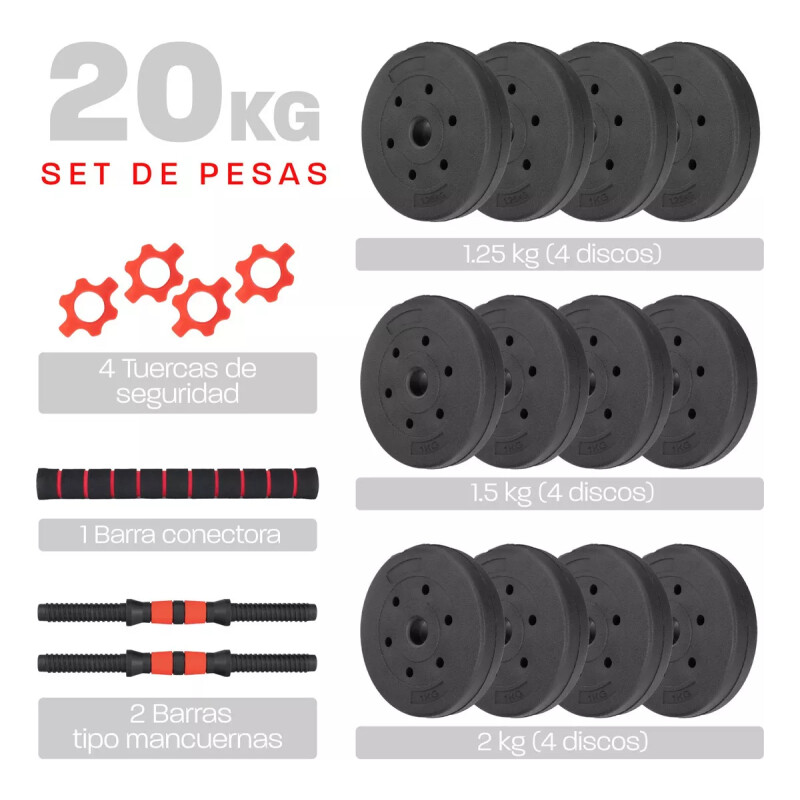 Set Mancuerna Bosco Ajustable + Barra 20 Kg Total Negro
