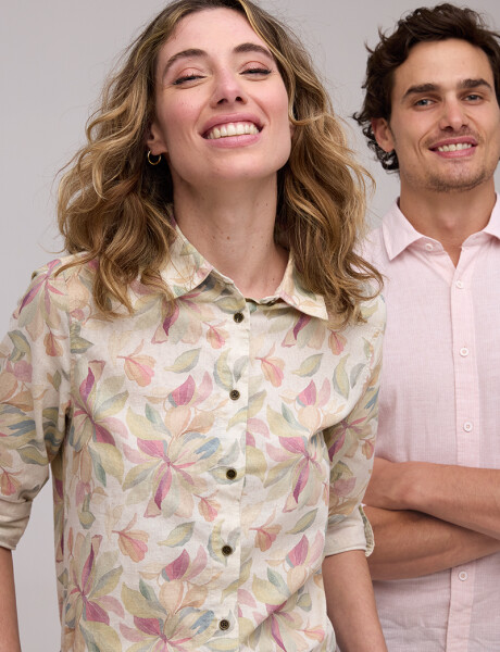 CAMISA DE LINO ESTAMPADA Coral