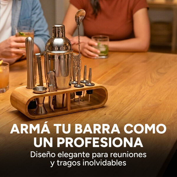 Set de Coctelería Kit 12 pcs Acero Inoxidable C/ Base Madera Plateado