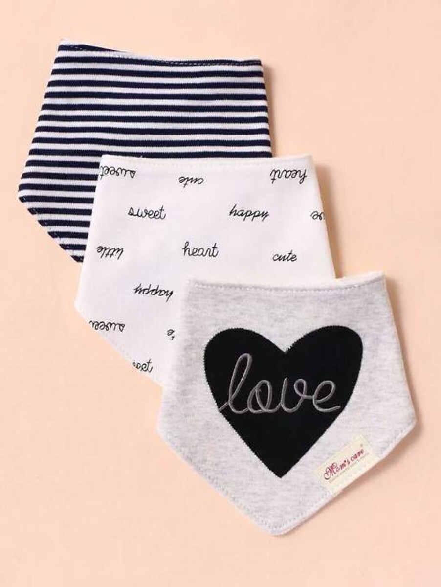 Set baberos bandana x3 - Corazon love negro 