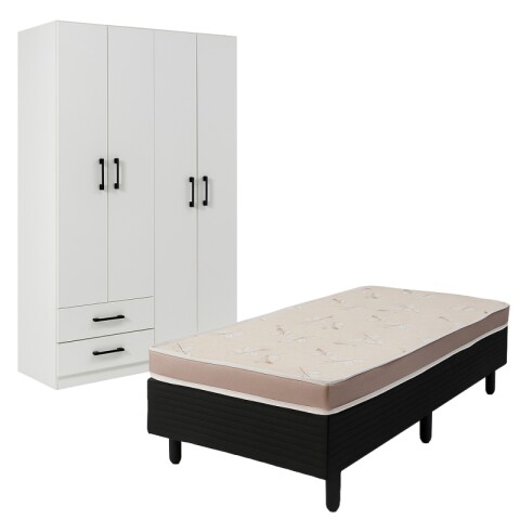 Juego de Dormitorio Sommier Quito 1 Plaza y Ropero 4 Puertas 2 Cajones Telescópicos Blanco Juego de Dormitorio Sommier Quito 1 Plaza y Ropero 4 Puertas 2 Cajones Telescópicos Blanco