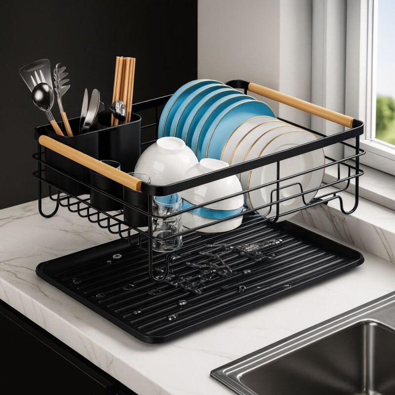 Escurridor De Platos Secaplatos Cocina Vajilla Metal Madera Negro Con Madera Escurridor De Platos Secaplatos Cocina Vajilla Metal Madera Negro Con Madera