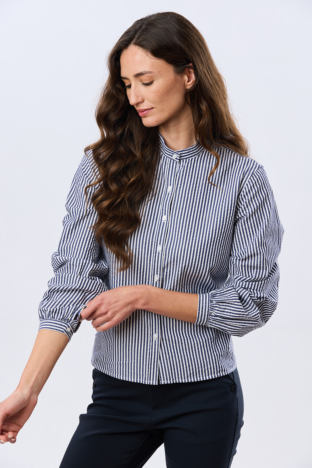 CAMISA RAYADA CON FRUNCES Azul