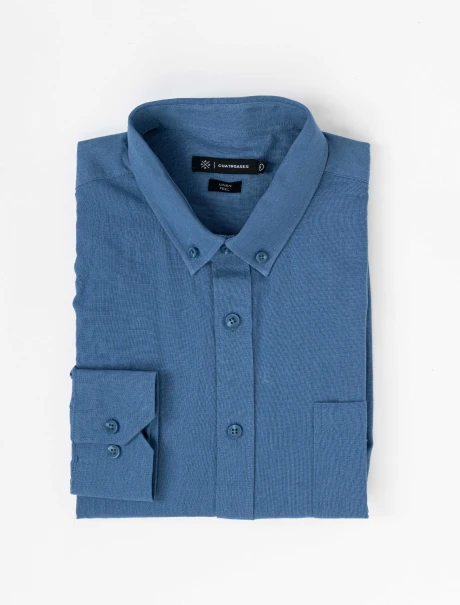 Camisa m/l lisa efecto lino azul