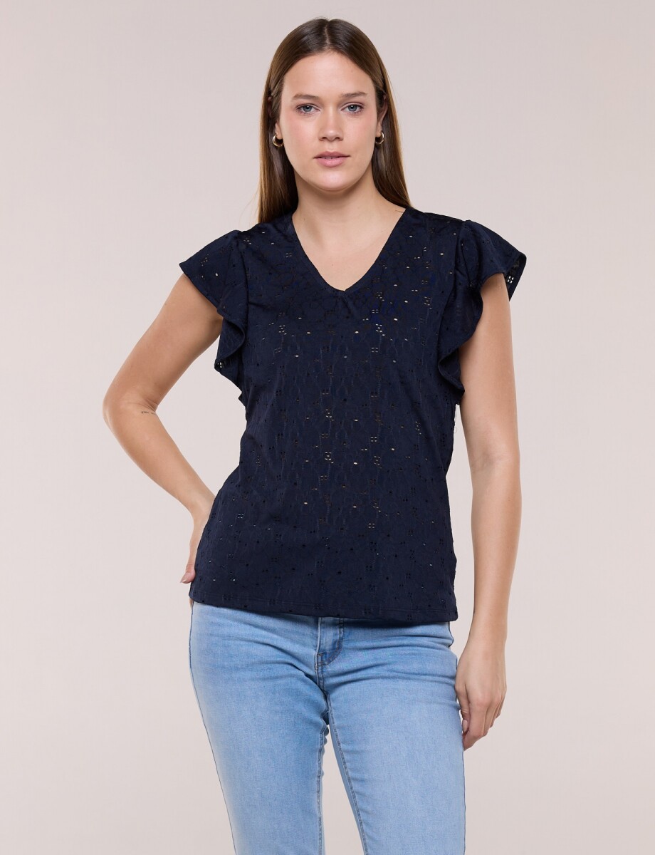 Blusa Broderie Manga Volado - Marino 
