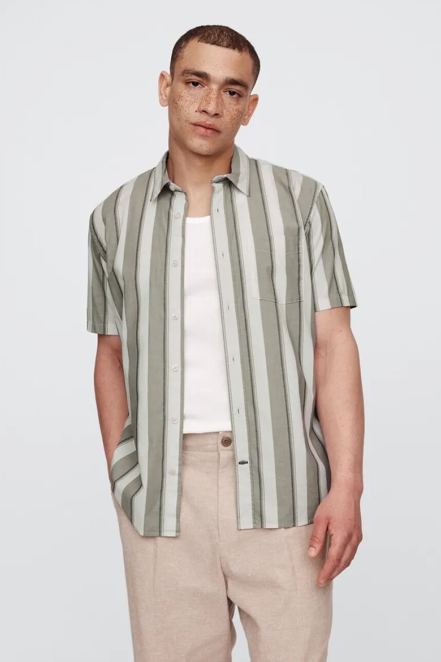 Camisa Poplin Manga Corta Hombre Olive Bar Stripe
