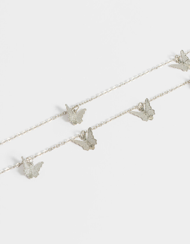 Collares Cortos Con Mariposas Collar Doble Con Mariposas - Plateado