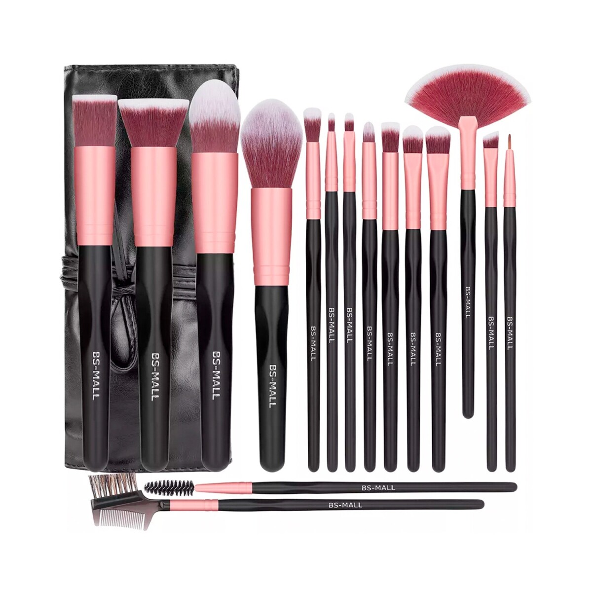 Set de 16 brochas BS-Mall para maquillaje con estuche tipo manta - Rosa 